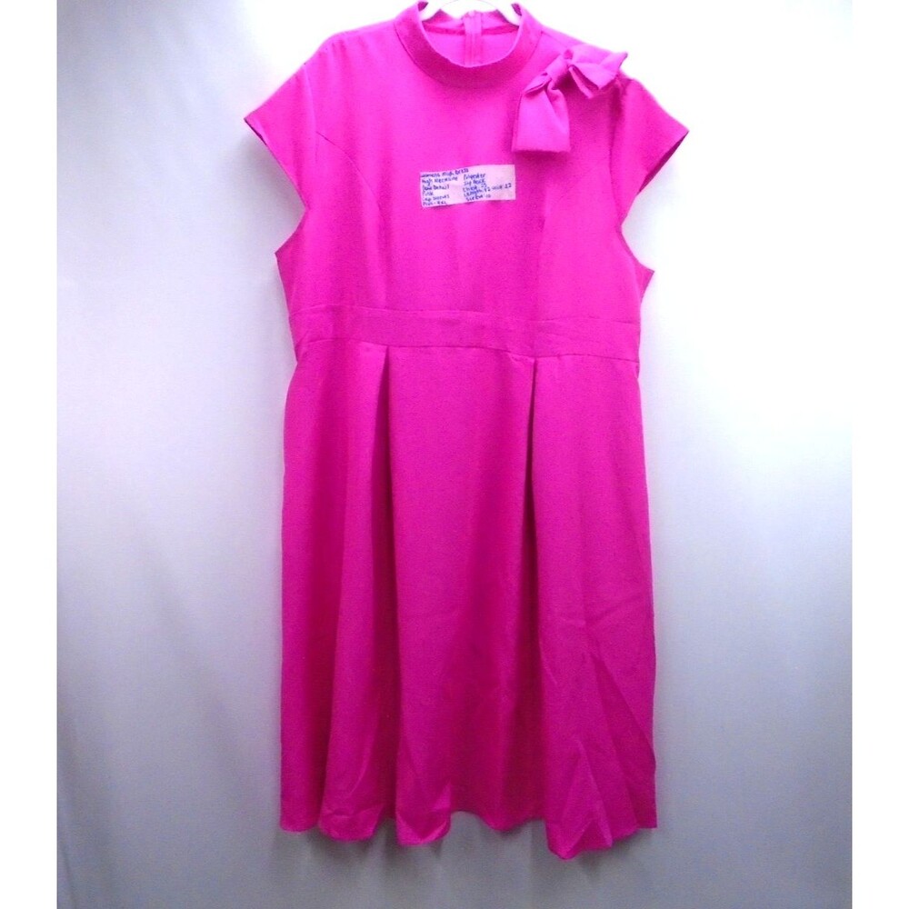 Vintage Style 4XL Pink Midi Dress High Mock Neck Bow Cap Sleeve Pleated Plus 22